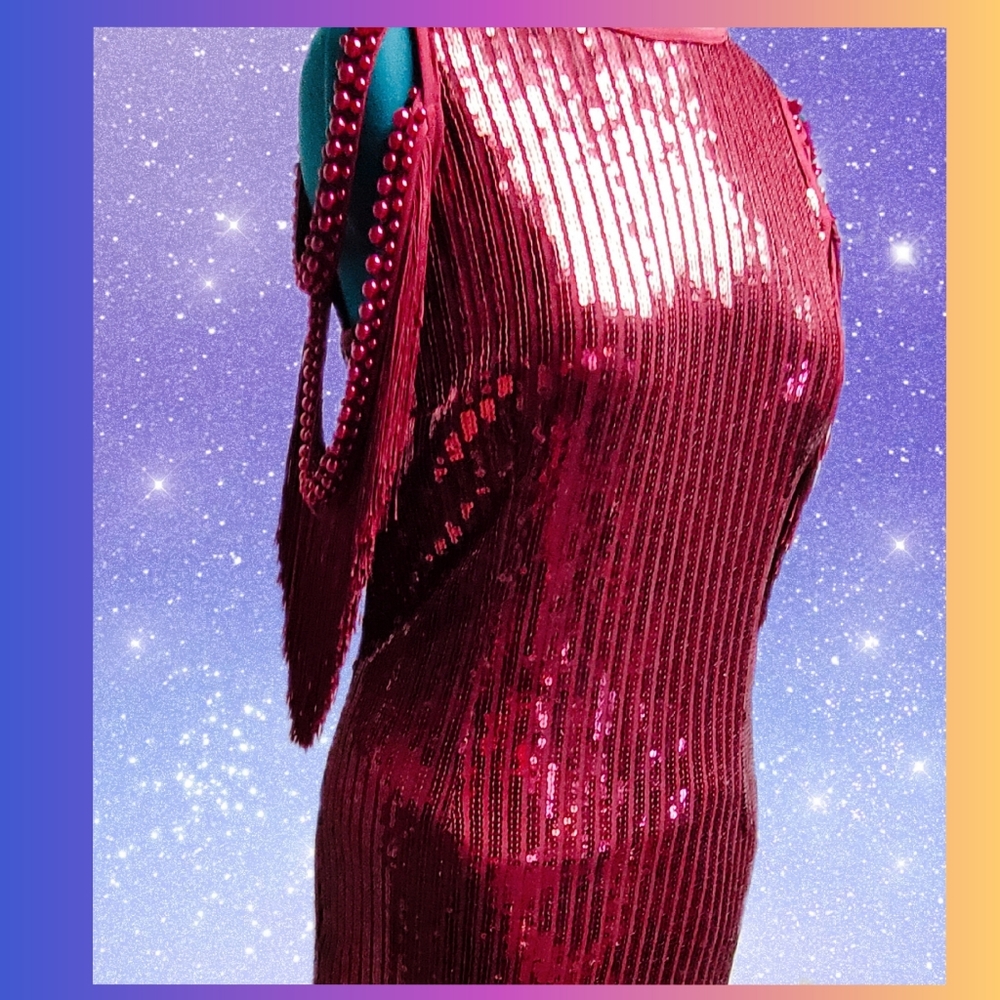 Sequin Fringe Red Party Dress Tassels 1920s Flapper Elegant Red Sequin Dress - Picture 4 of 11